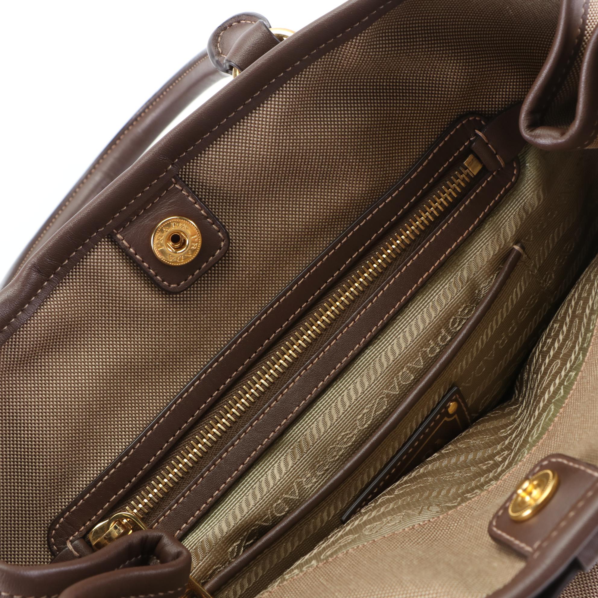 Prada Small Logo Tote in Brown/Tan Canvas and Brown Leather with Strap