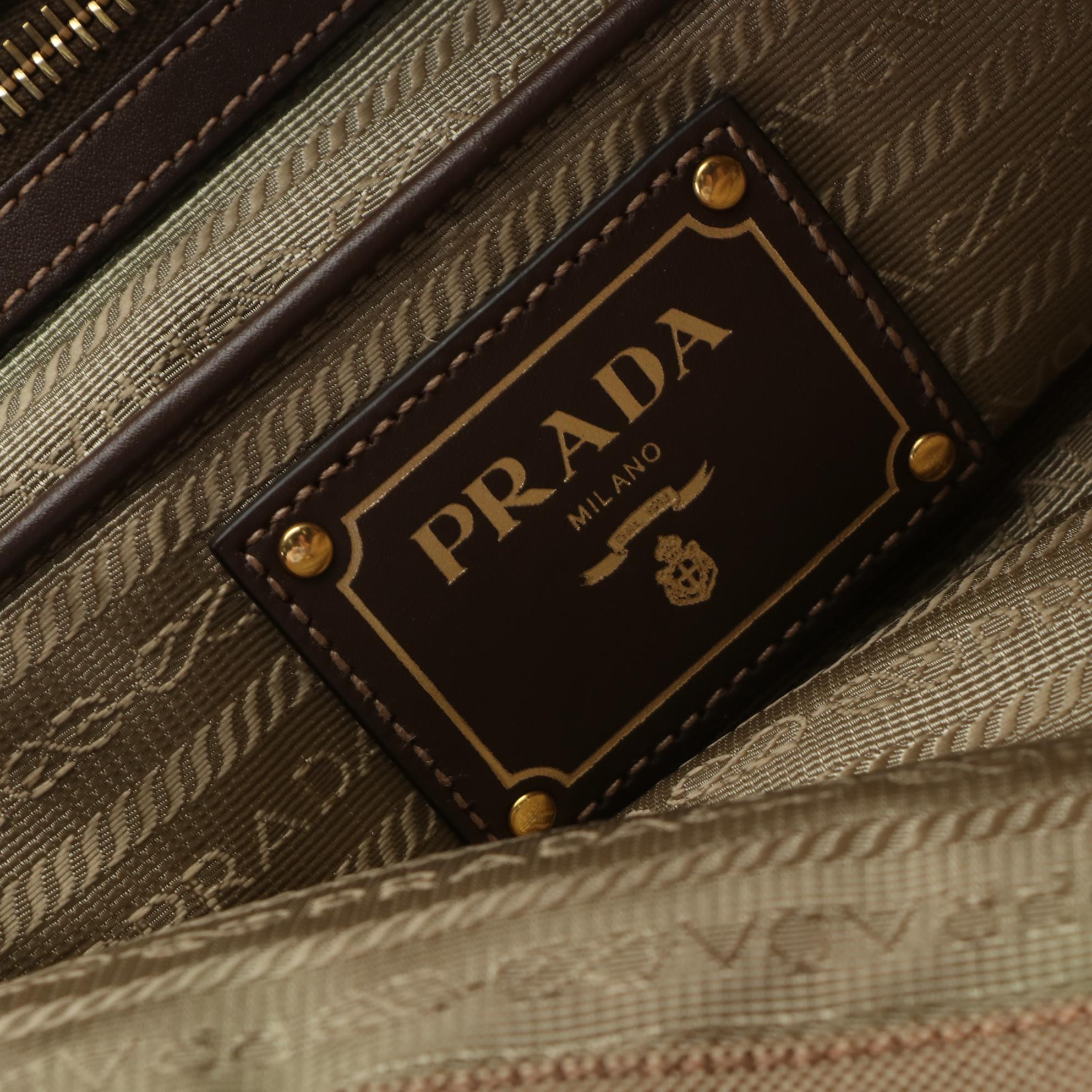 Prada Small Logo Tote in Brown/Tan Canvas and Brown Leather with Strap