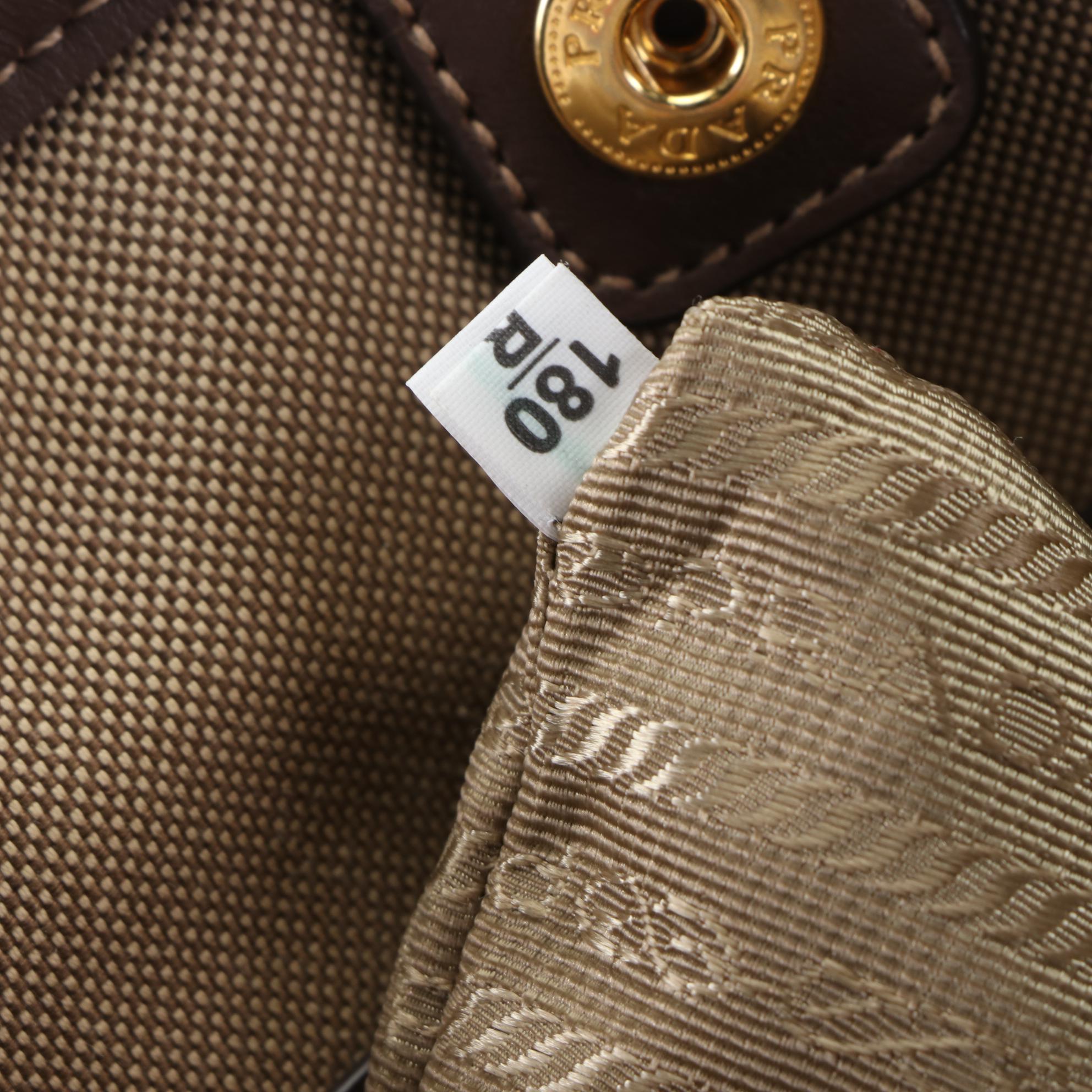 Prada Small Logo Tote in Brown/Tan Canvas and Brown Leather with Strap