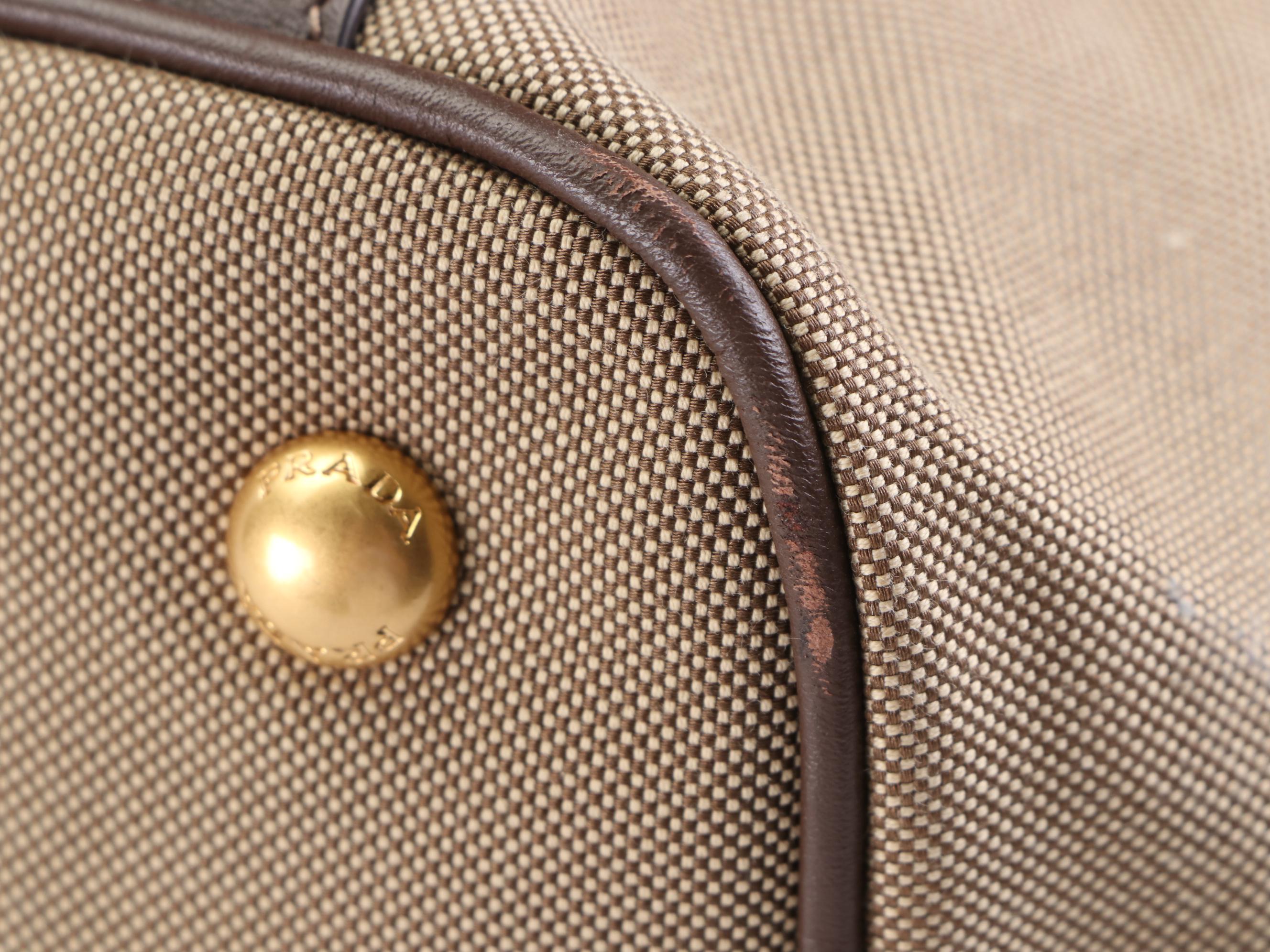 Prada Small Logo Tote in Brown/Tan Canvas and Brown Leather with Strap