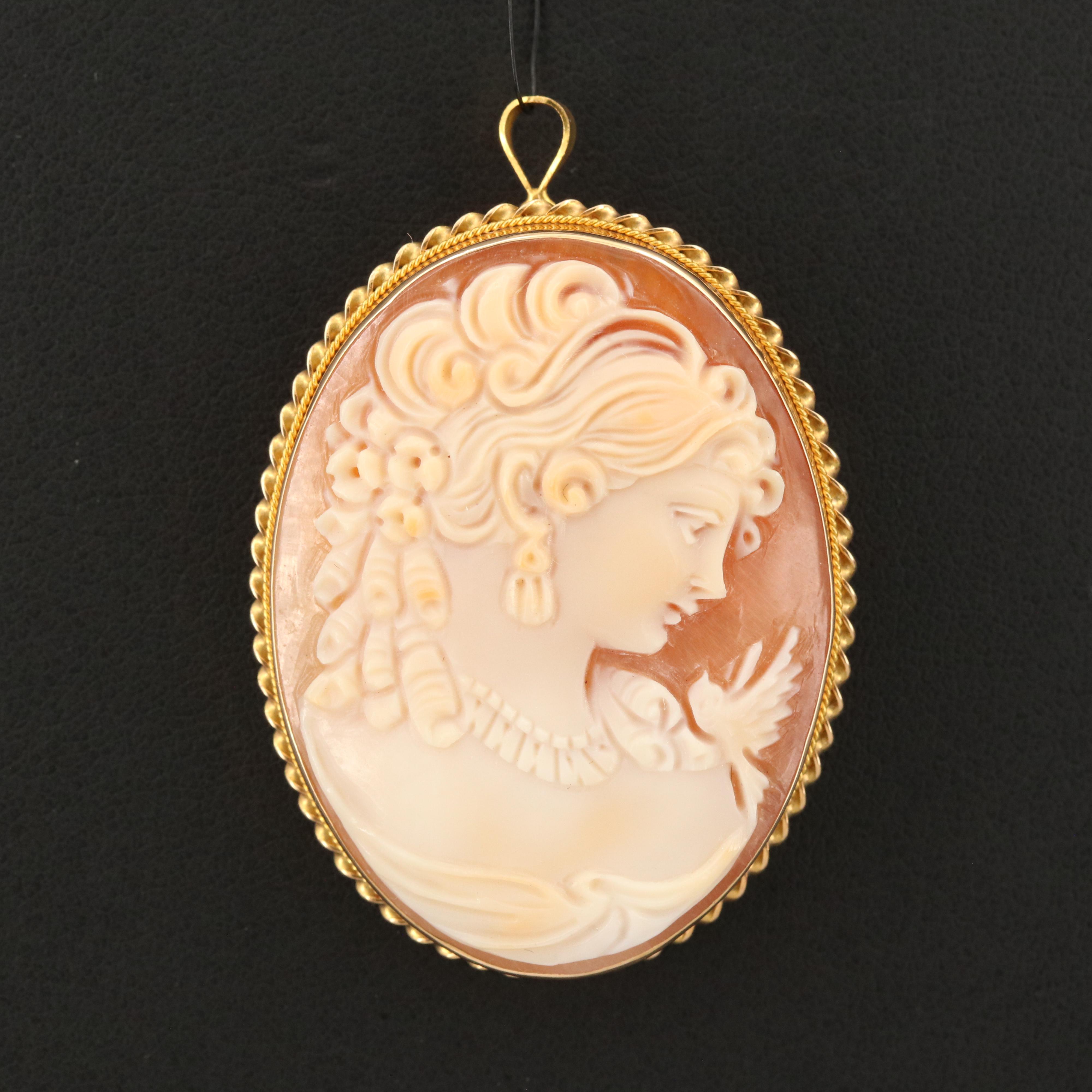 18K Shell Oval Cameo Converter Brooch