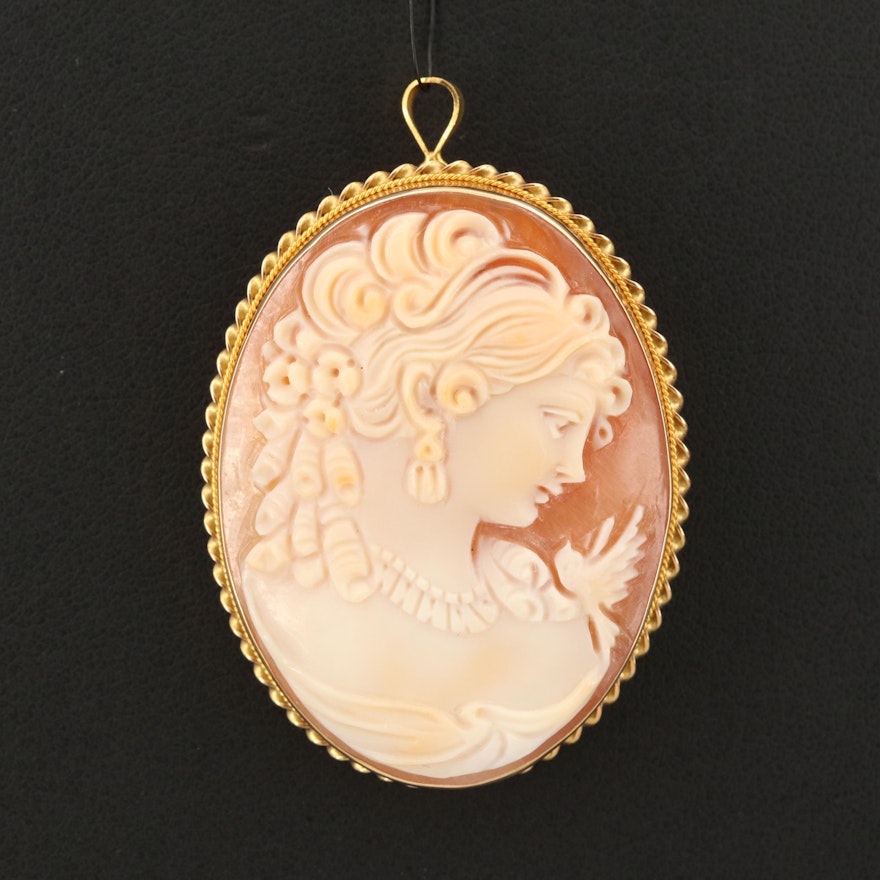 18K Shell Oval Cameo Converter Brooch