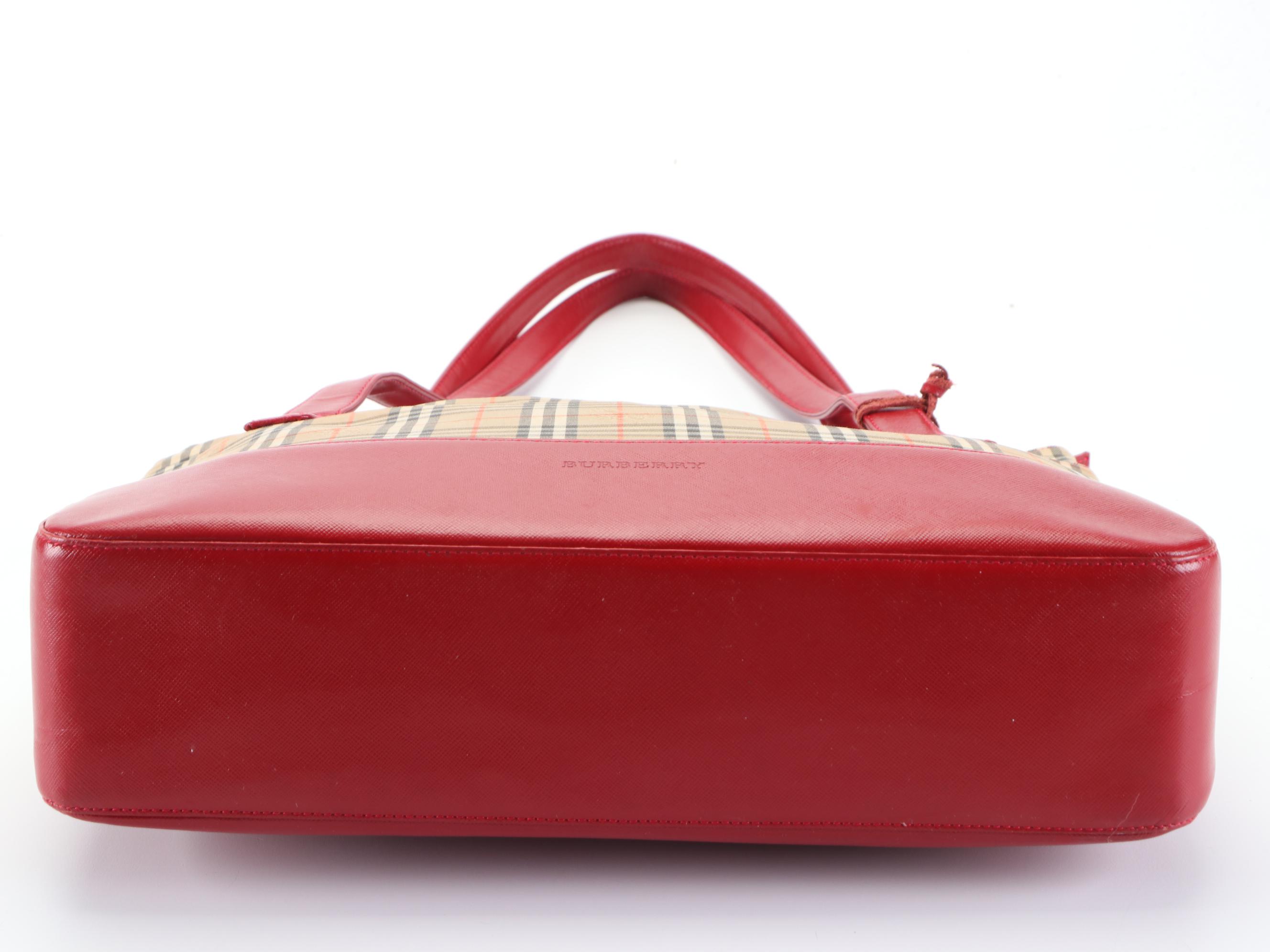 Burberry Large Zip Shoulder Bag in Haymarket Check Cotton Twill and Red Leather