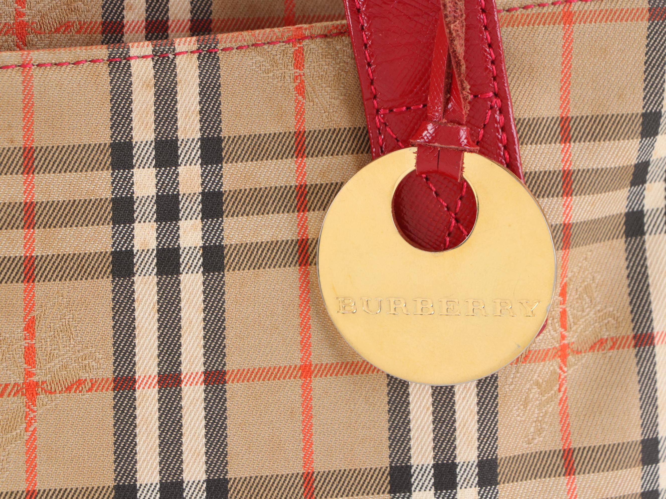 Burberry Large Zip Shoulder Bag in Haymarket Check Cotton Twill and Red Leather