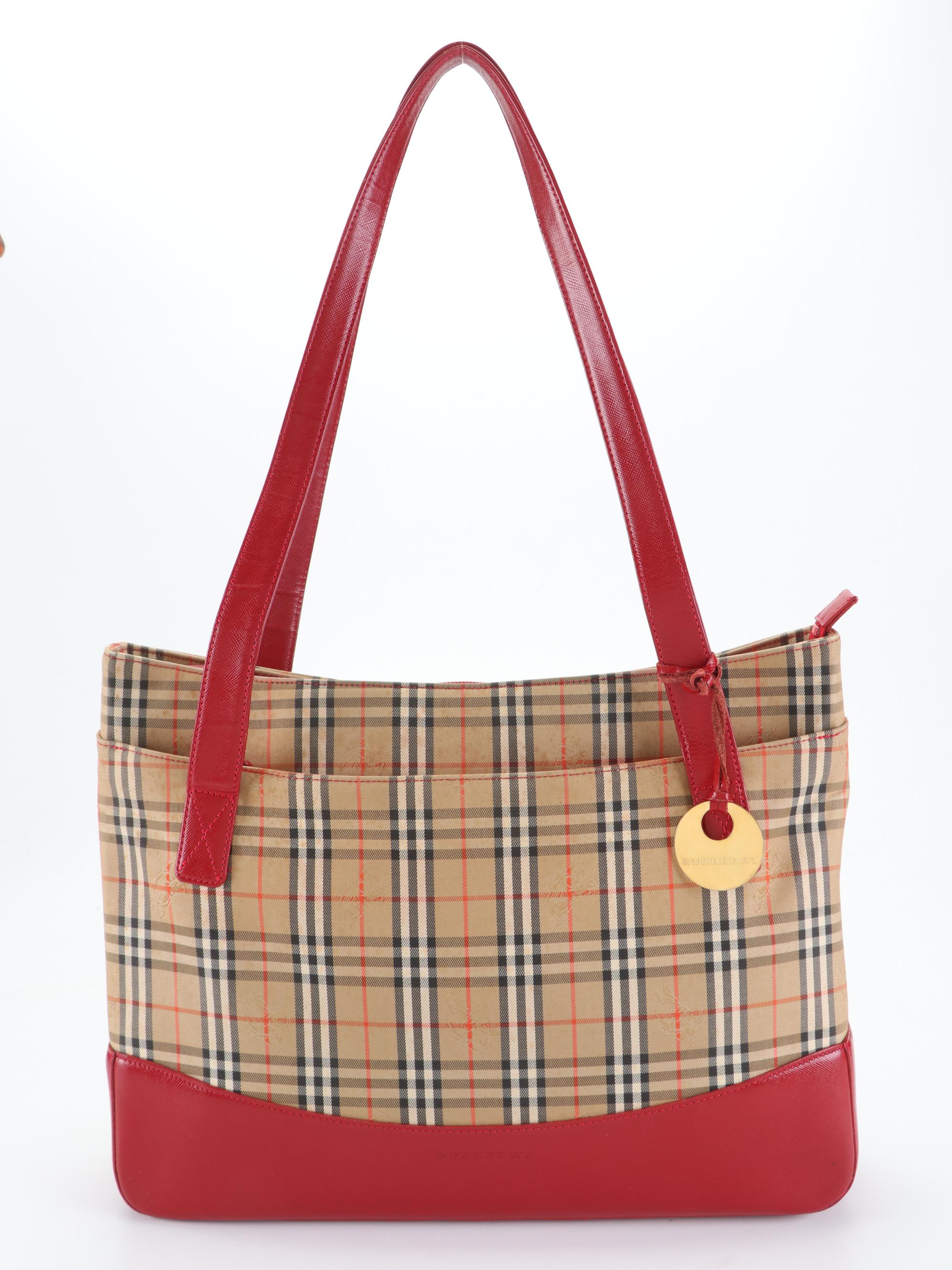 Burberry Large Zip Shoulder Bag in Haymarket Check Cotton Twill and Red Leather