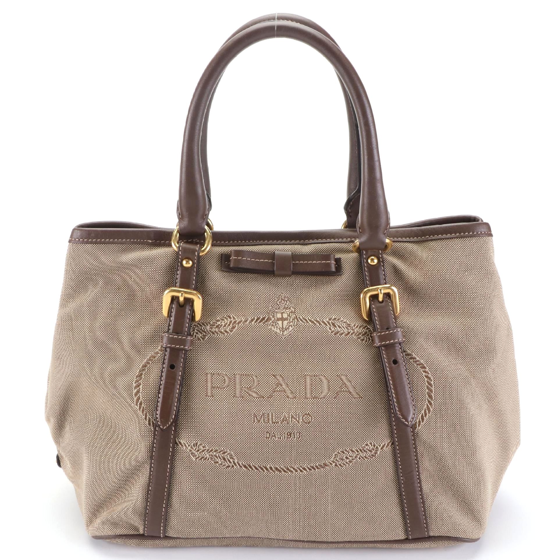 Prada Small Logo Tote in Brown/Tan Canvas and Brown Leather with Strap