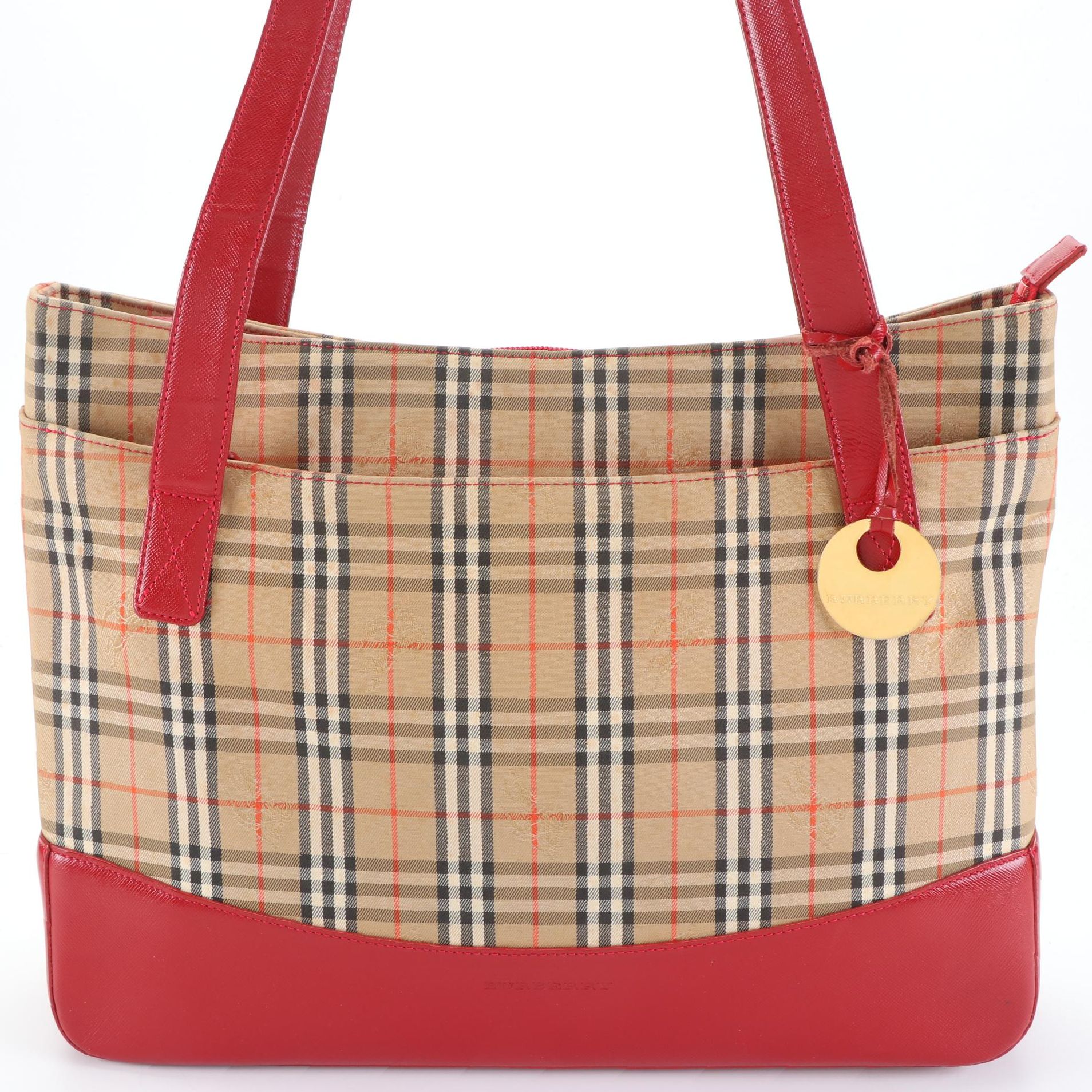 Burberry Large Zip Shoulder Bag in Haymarket Check Cotton Twill and Red Leather