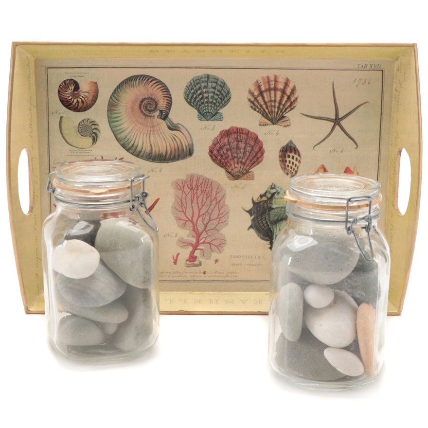 Seashell-Motif Serving Tray with Pair of River Rock-Filled Glass Canning Jars