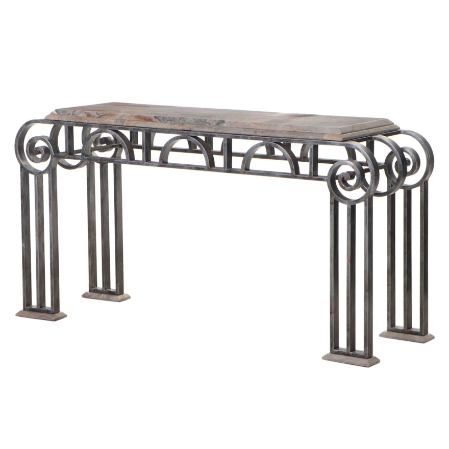 Italian Post Modernist Iron-Patinated Metal and Polished Stone Console Table