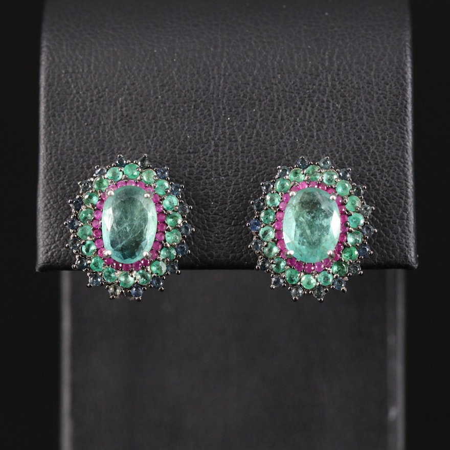 Sterling Emerald, Ruby and Sapphire Double Halo Earrings