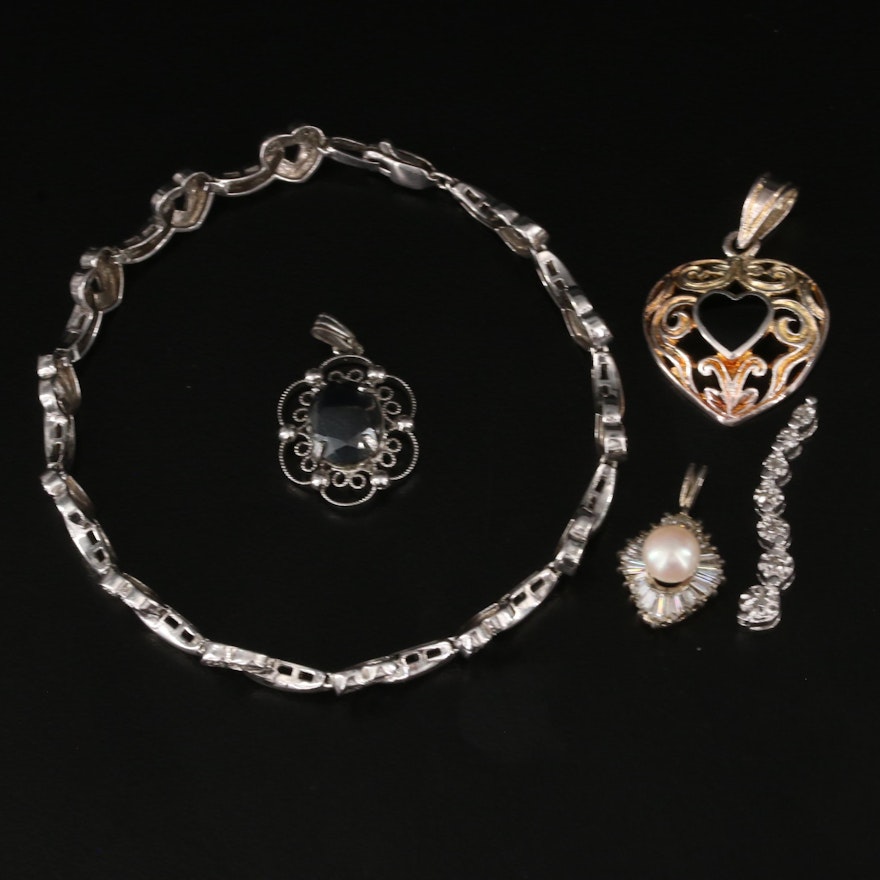 Sterling Black Onyx and Pearl Pendants and Diamond Heart Bracelet
