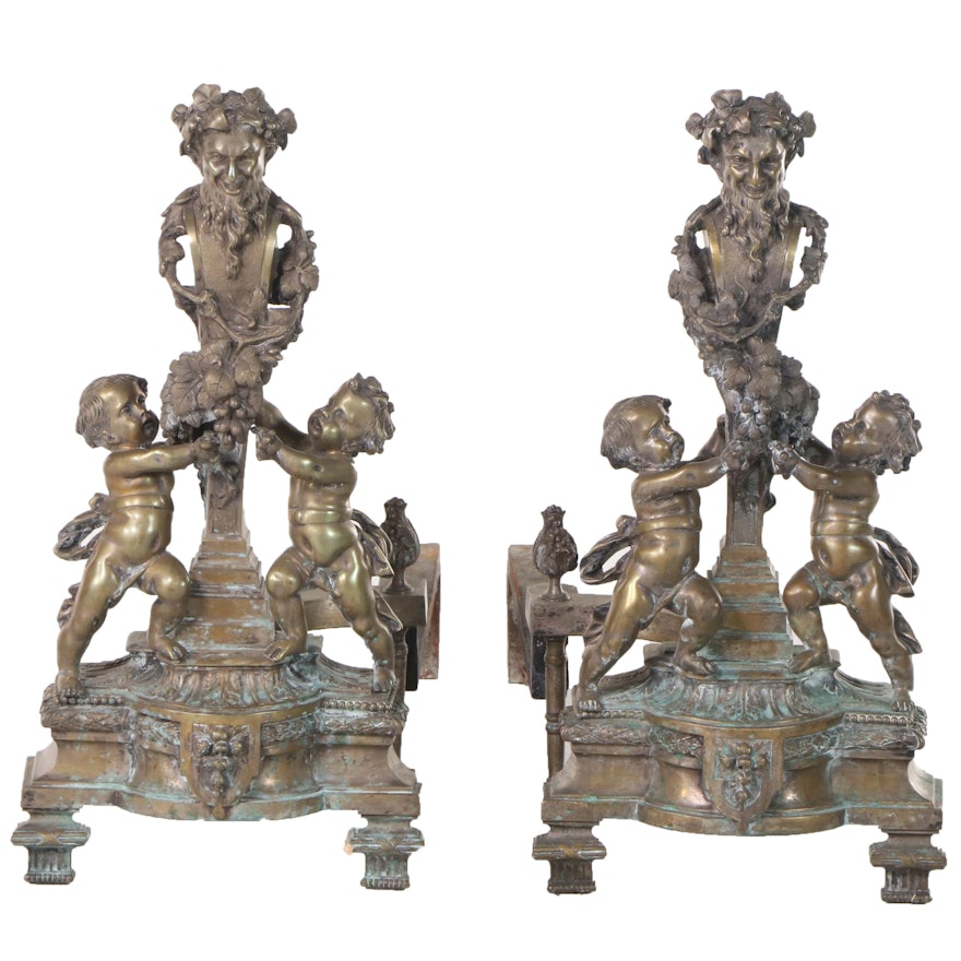 Pair of Neoclassical Style Cast and Gilt Bronze Andirons, Late 19th Century