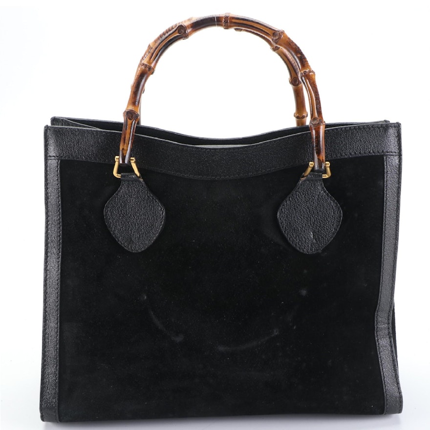 Gucci Diana Bamboo Handle Tote Bag in Black Suede and Leather