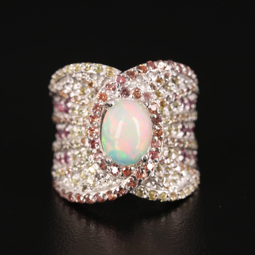 Sterling Opal, Rhodolite Garnet and Sapphire Saddle Ring