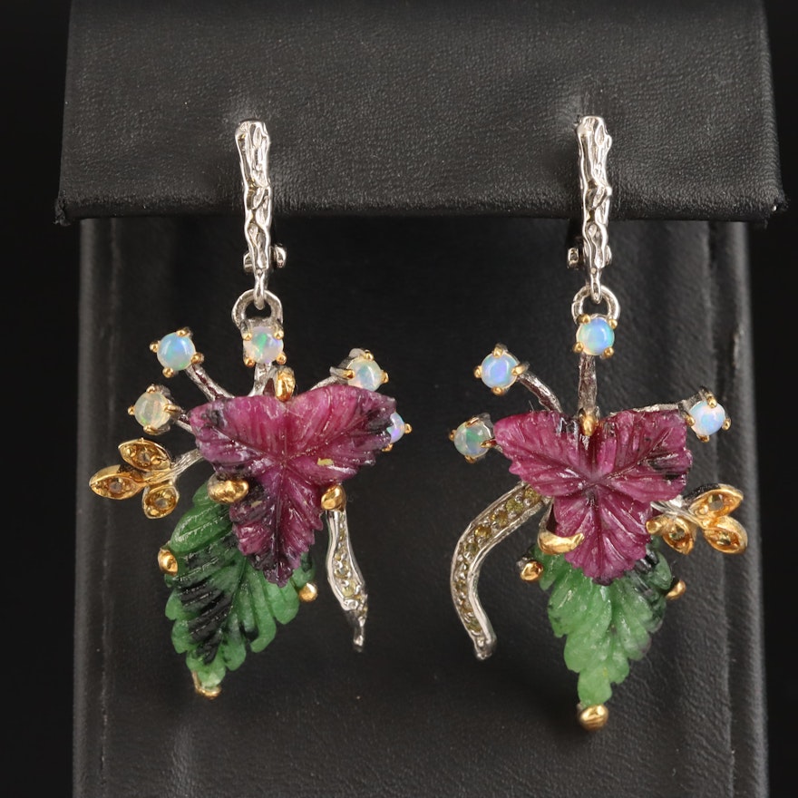 Sterling Ruby in Zoisite, Opal and Sapphire Foliate Earrings