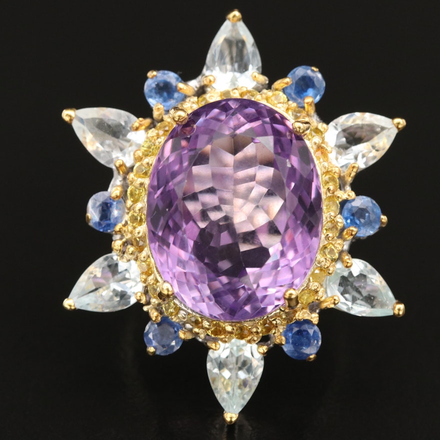 Sterling Amethyst, Aquamarine and Sapphire Ring
