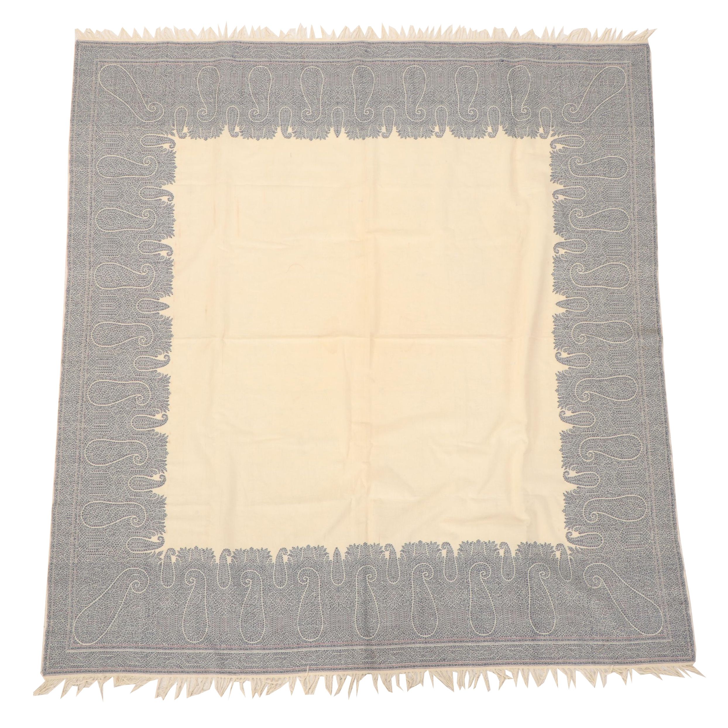 European Jacquard Wool and Cotton Blue and White Paisley Shawl