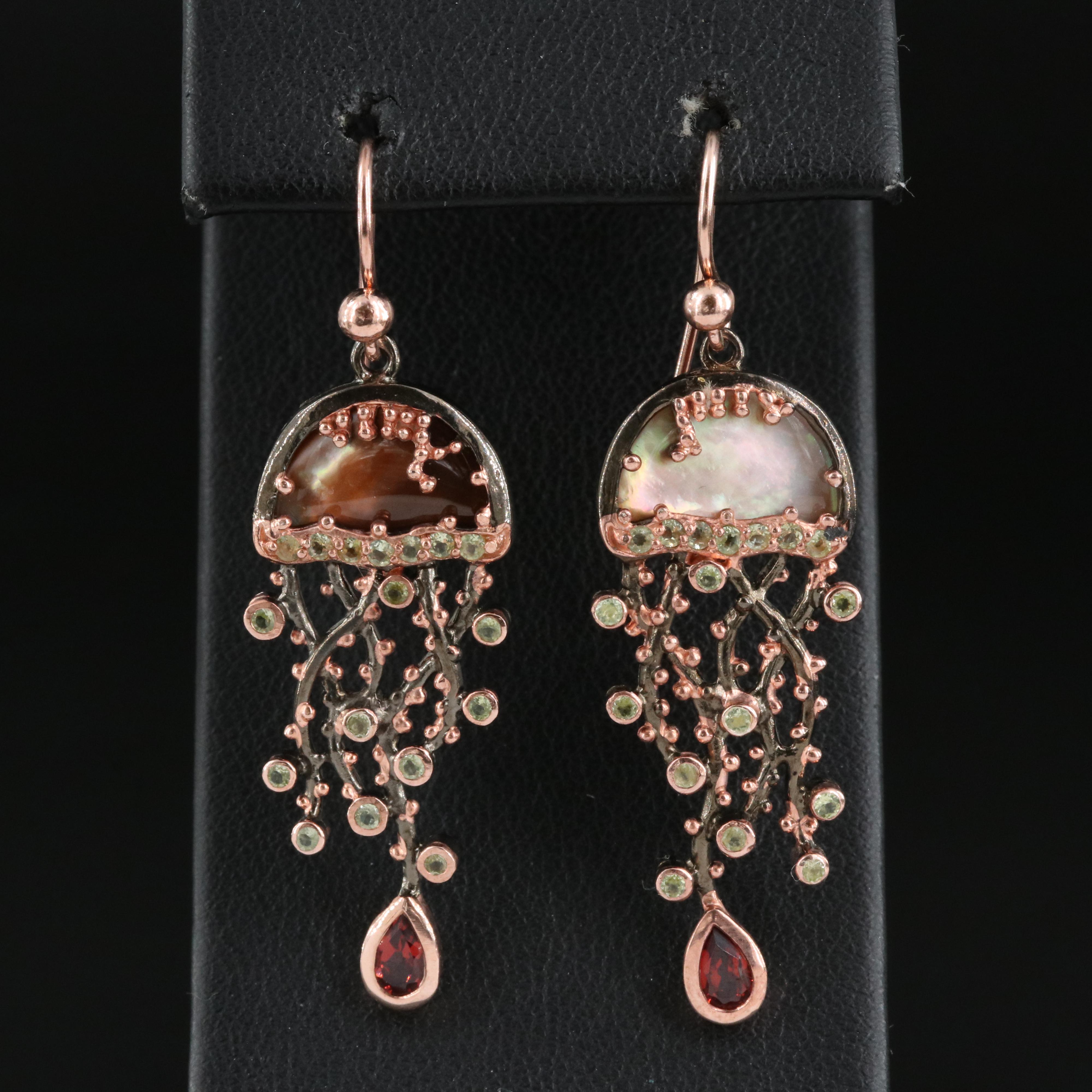 Sterling Mother-of-Pearl, Garnet and Citrine Jellyfish Drop Earrings