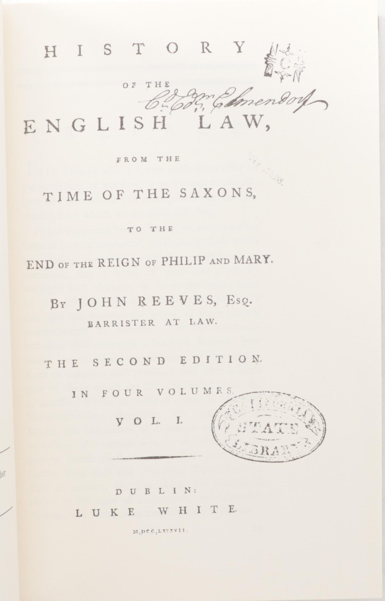 Facsimile "History of the English Law" Four-Volume Set by John Reeves, 1969