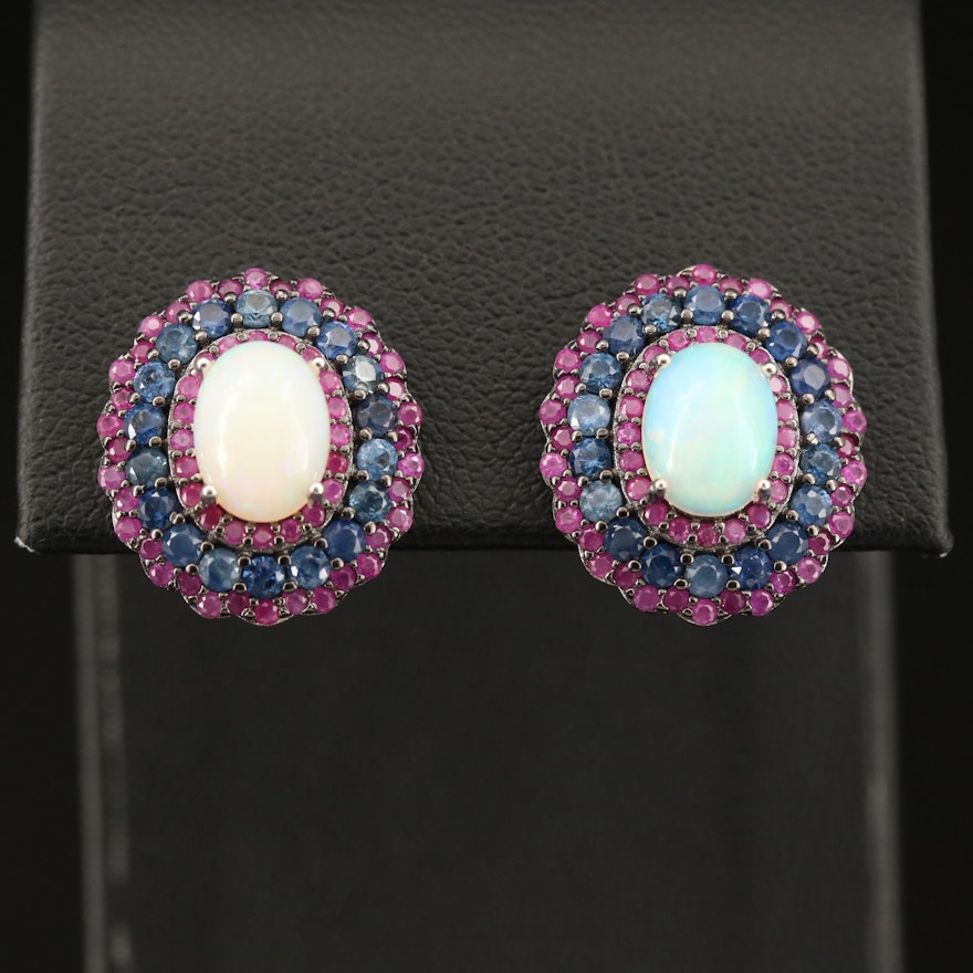 Sterling, Opal, Sapphire and Ruby Drop Earrings