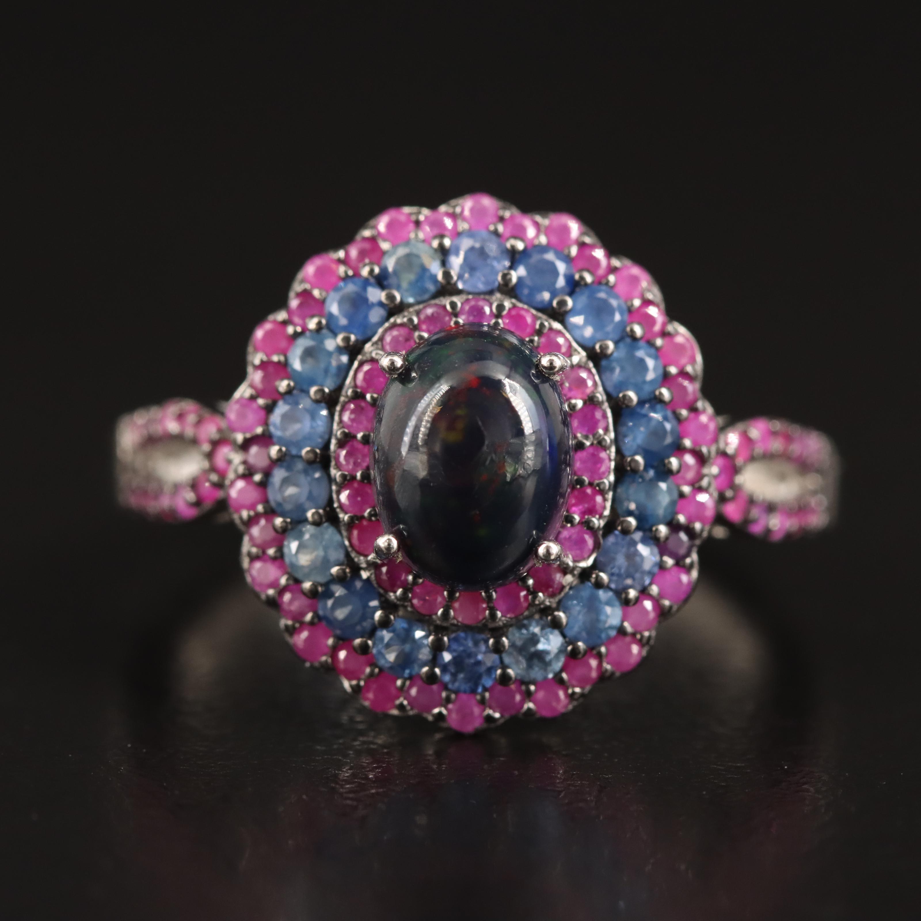 Sterling Opal, Sapphire and Ruby Multi-Halo Ring