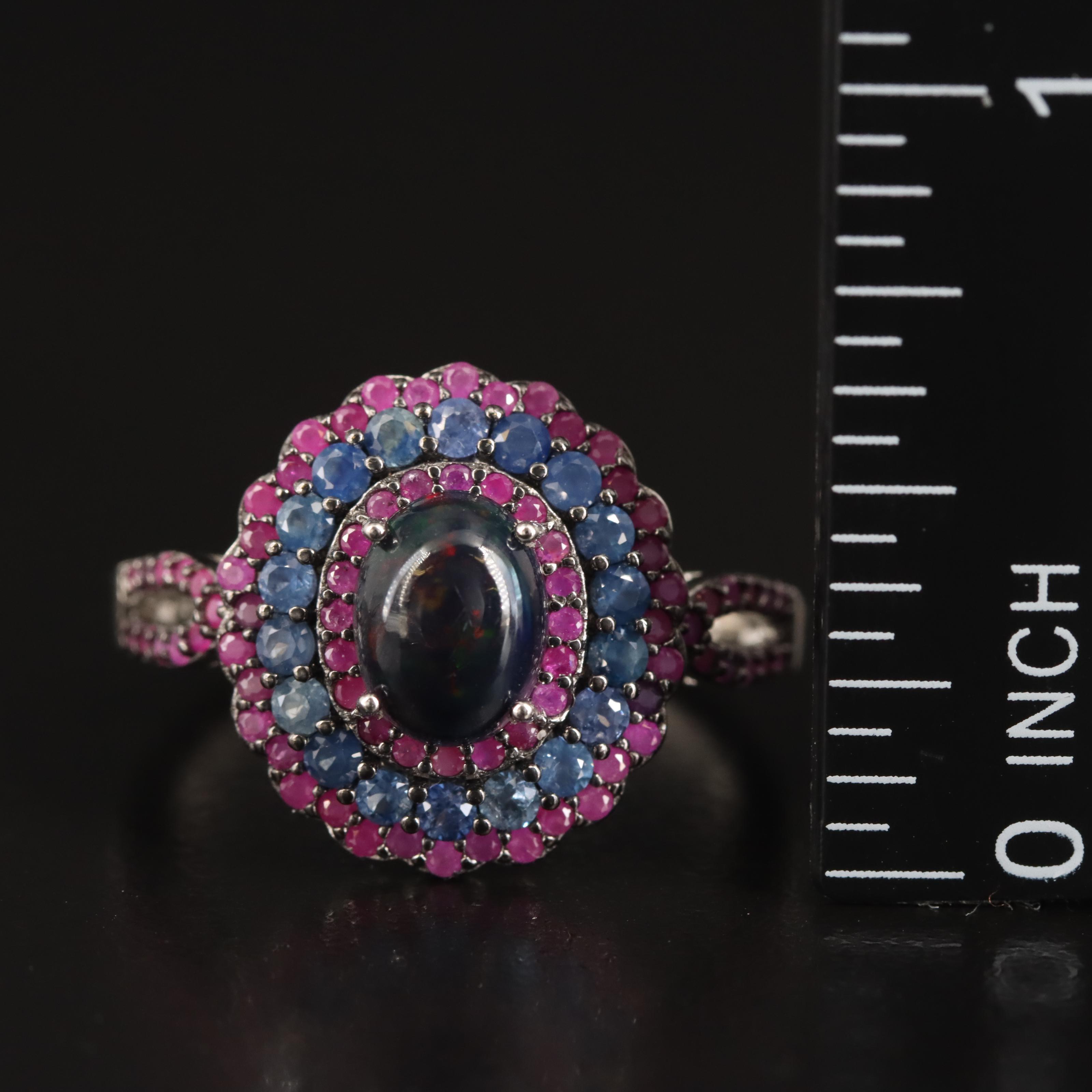 Sterling Opal, Sapphire and Ruby Multi-Halo Ring