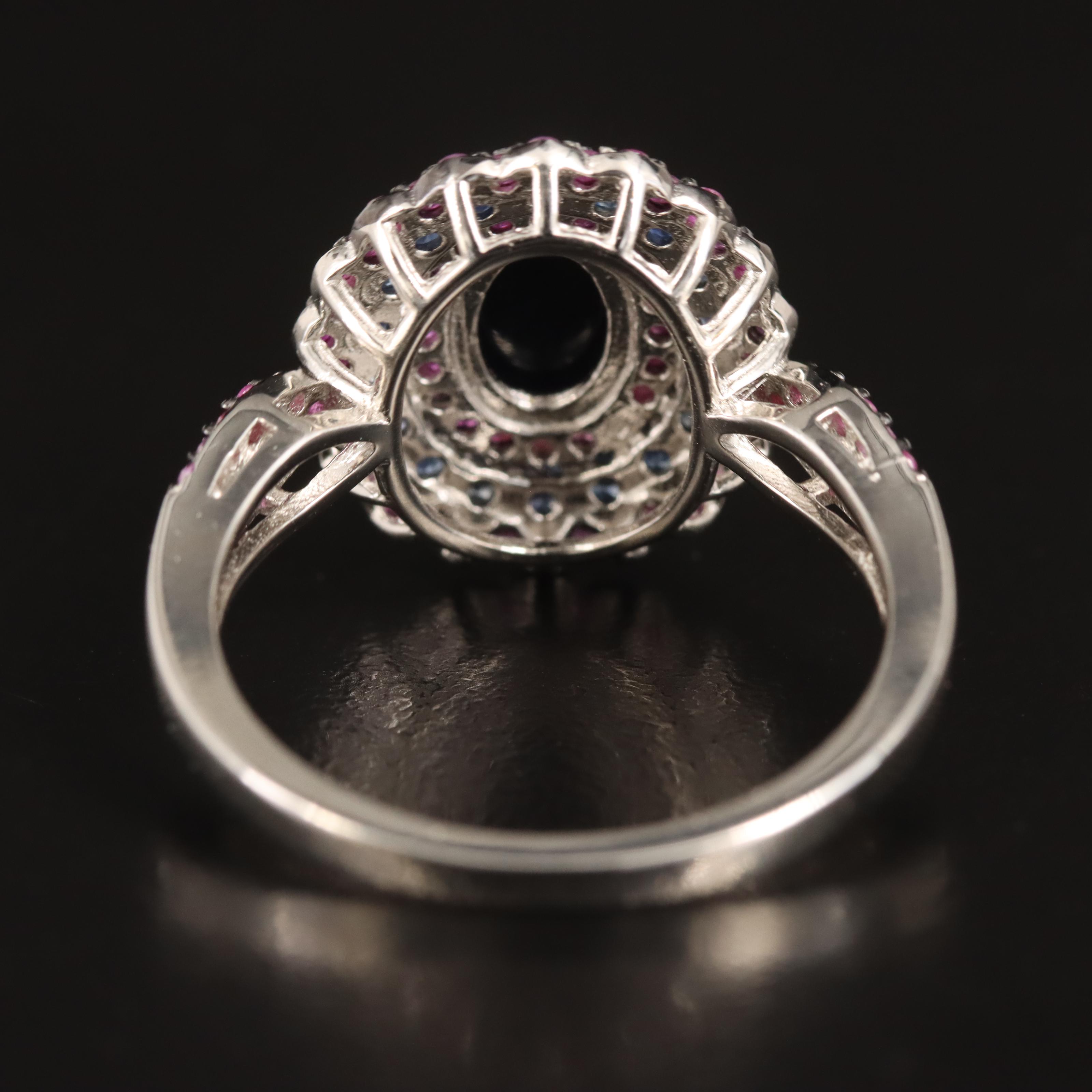 Sterling Opal, Sapphire and Ruby Multi-Halo Ring