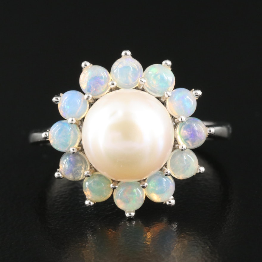 Sterling Pearl and Opal Halo Ring