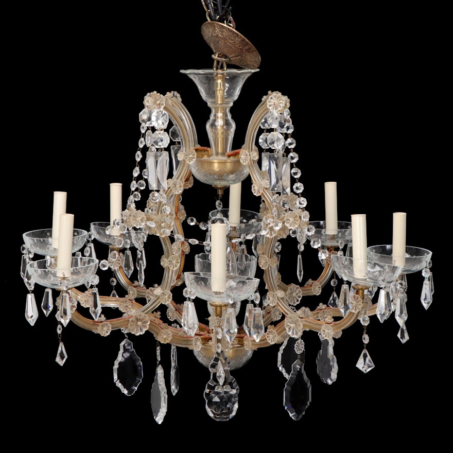 Traditional Cut Glass, Garland and Crystal Prism Nine-Arm Chandelier, Mid-20th C