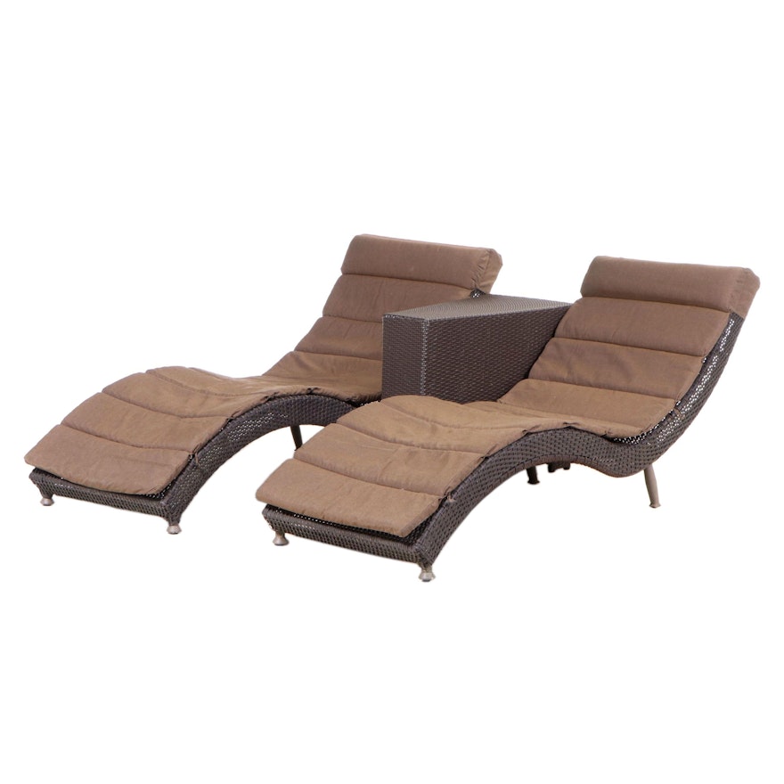 Pair of Resin Wicker Chaise Lounge with End Table