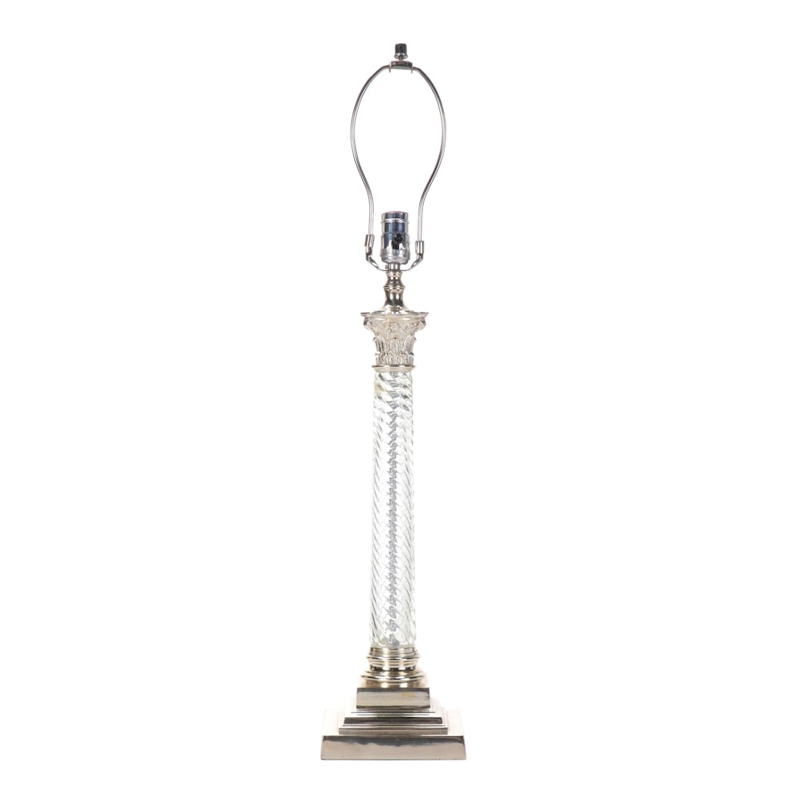 Neoclassical Style Spiral Pressed Glass and Chromed Metal Candlestick Lamp