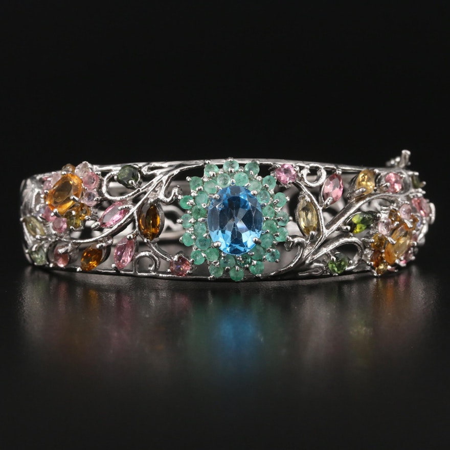 Sterling Foliate Hinged Bangle Including Swiss Blue Topaz, Citrine and Emerald