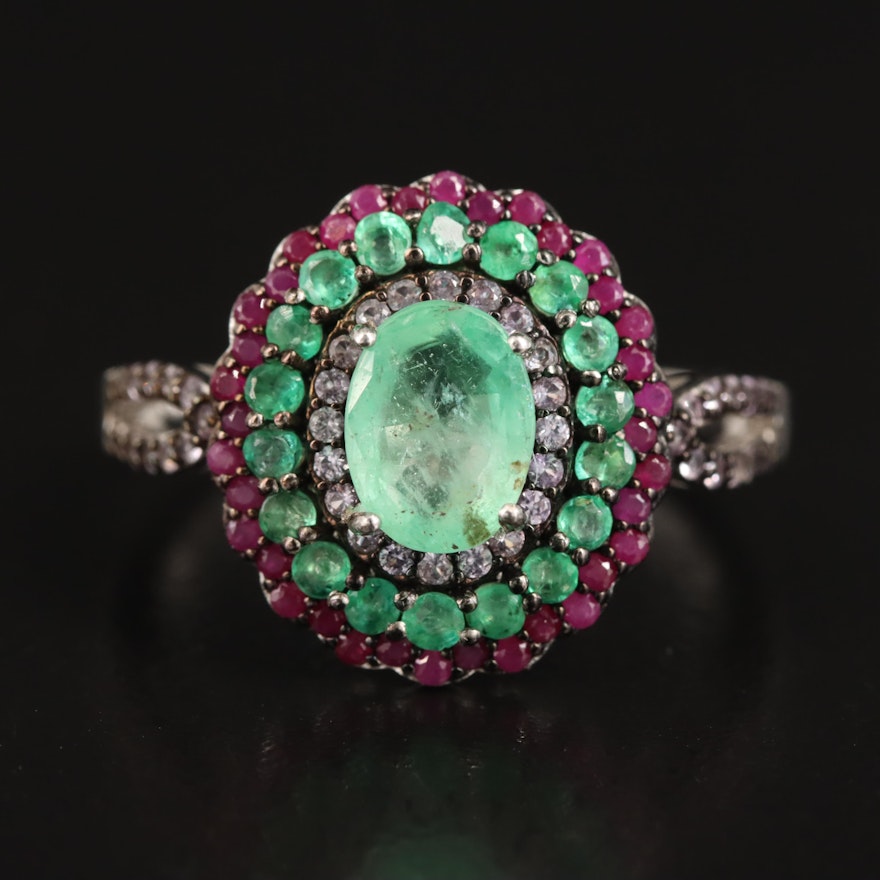 Sterling Emerald, Ruby and Cubic Zirconia Halo Ring