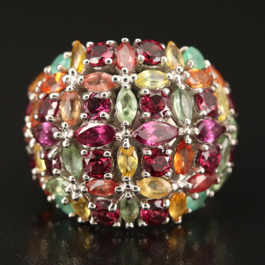 Sterling, Emerald, Garnet and Sapphire Cluster Dome Ring