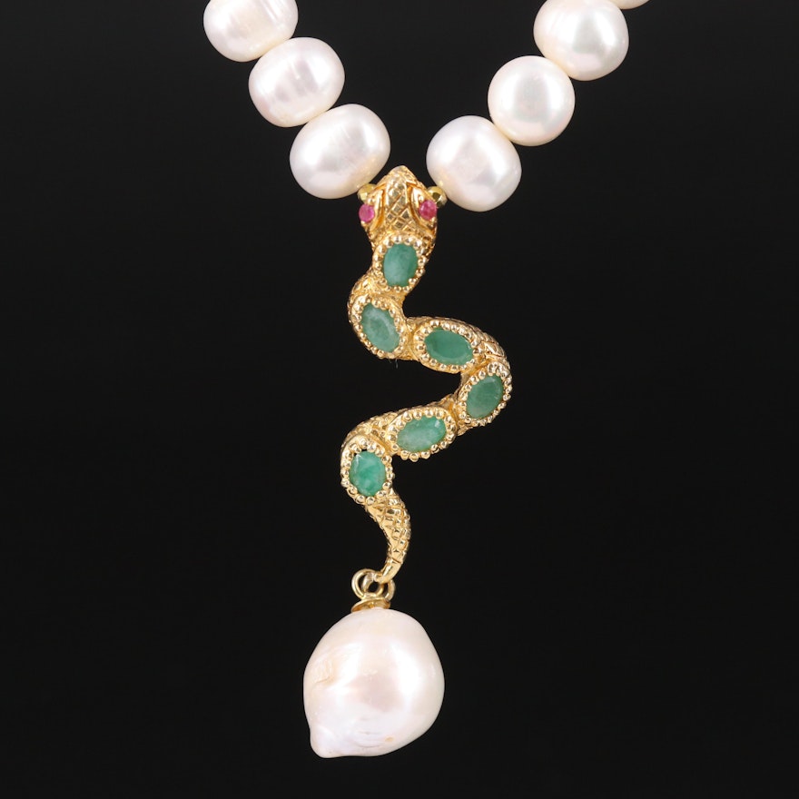 Emerald and Ruby Snake Necklace with Pearl Drop