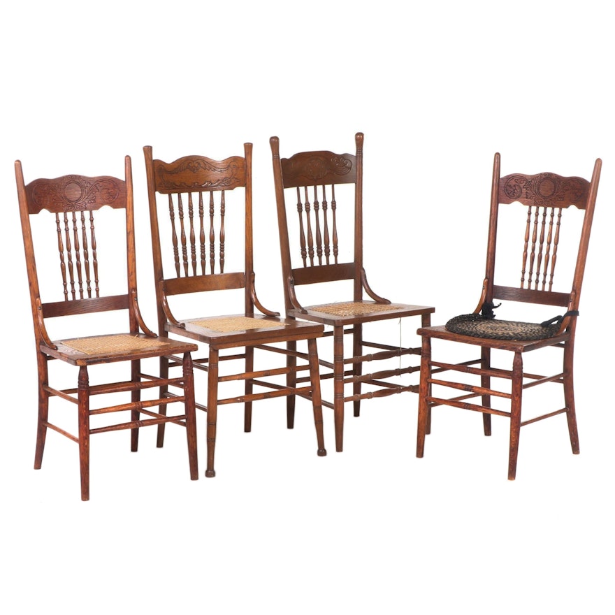 Four Assembled Victorian Oak Pressed-Back Dining Chairs