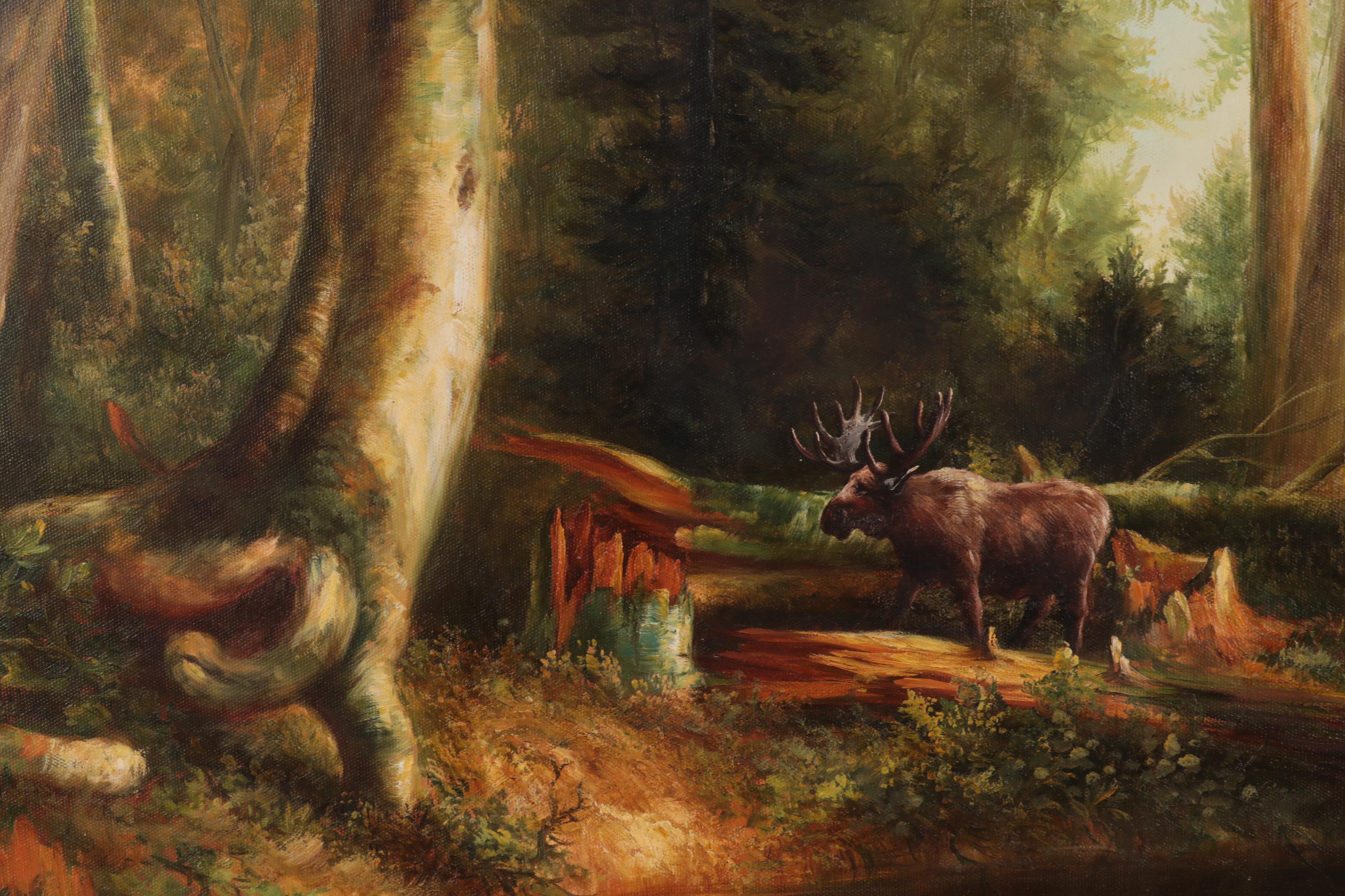 Forest Landscape Oil Painting With Moose