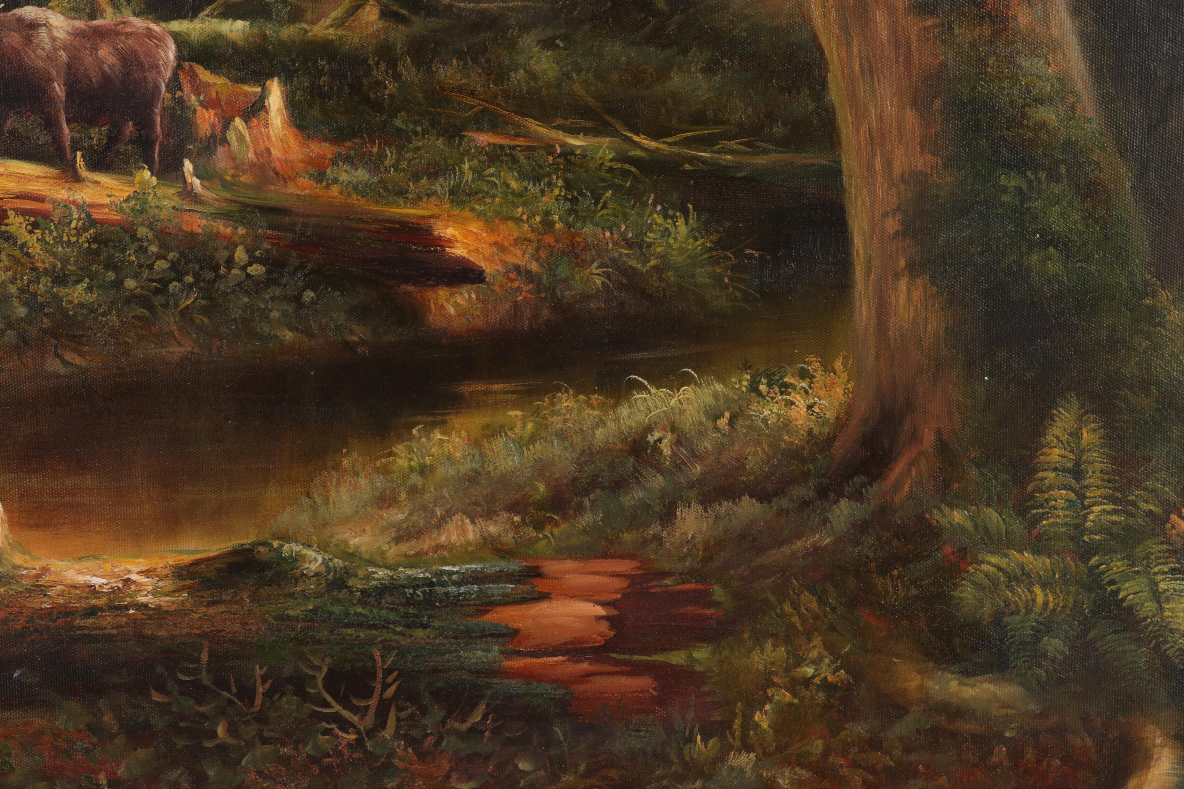 Forest Landscape Oil Painting With Moose