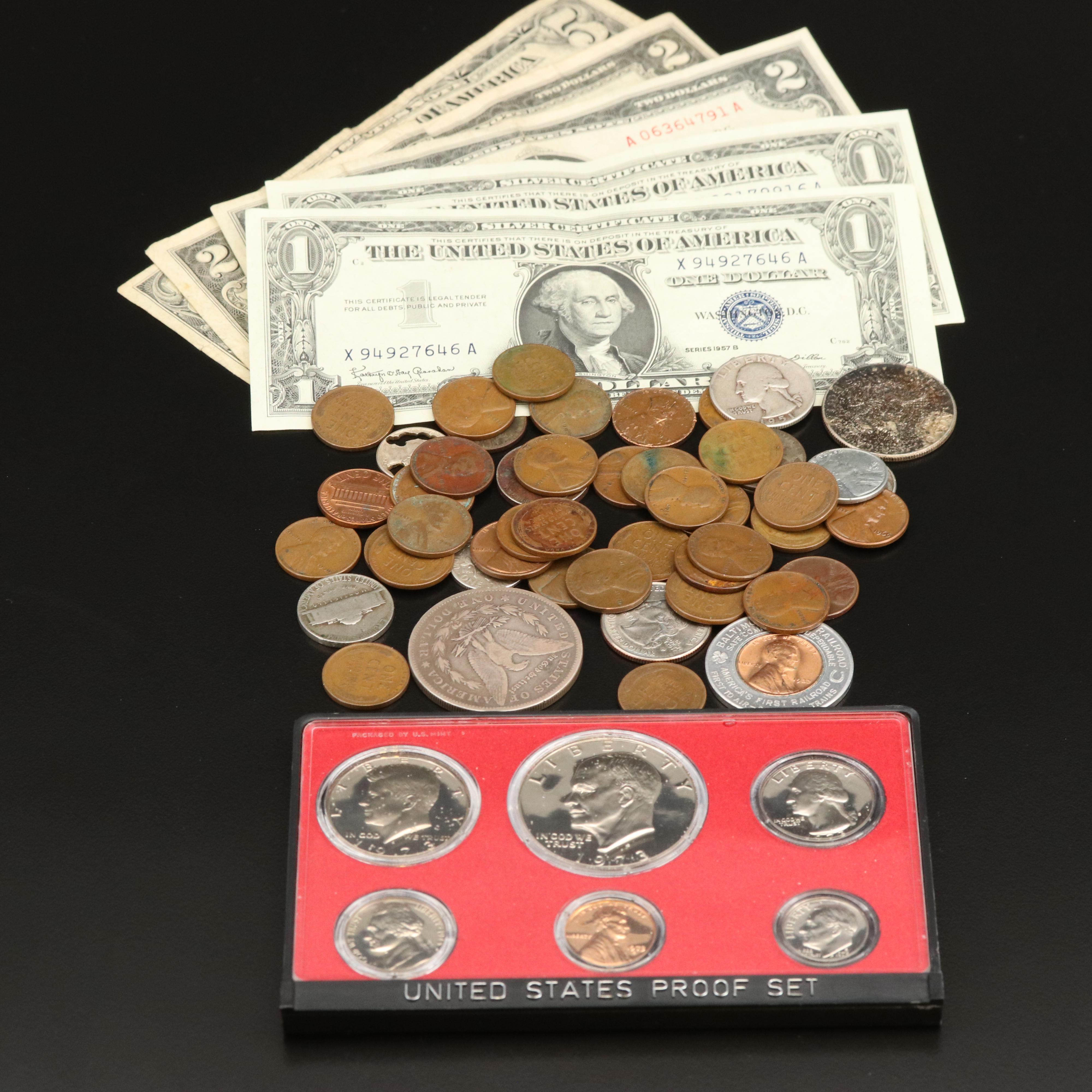 Group of United States Copper and Silver Coins and Paper Money