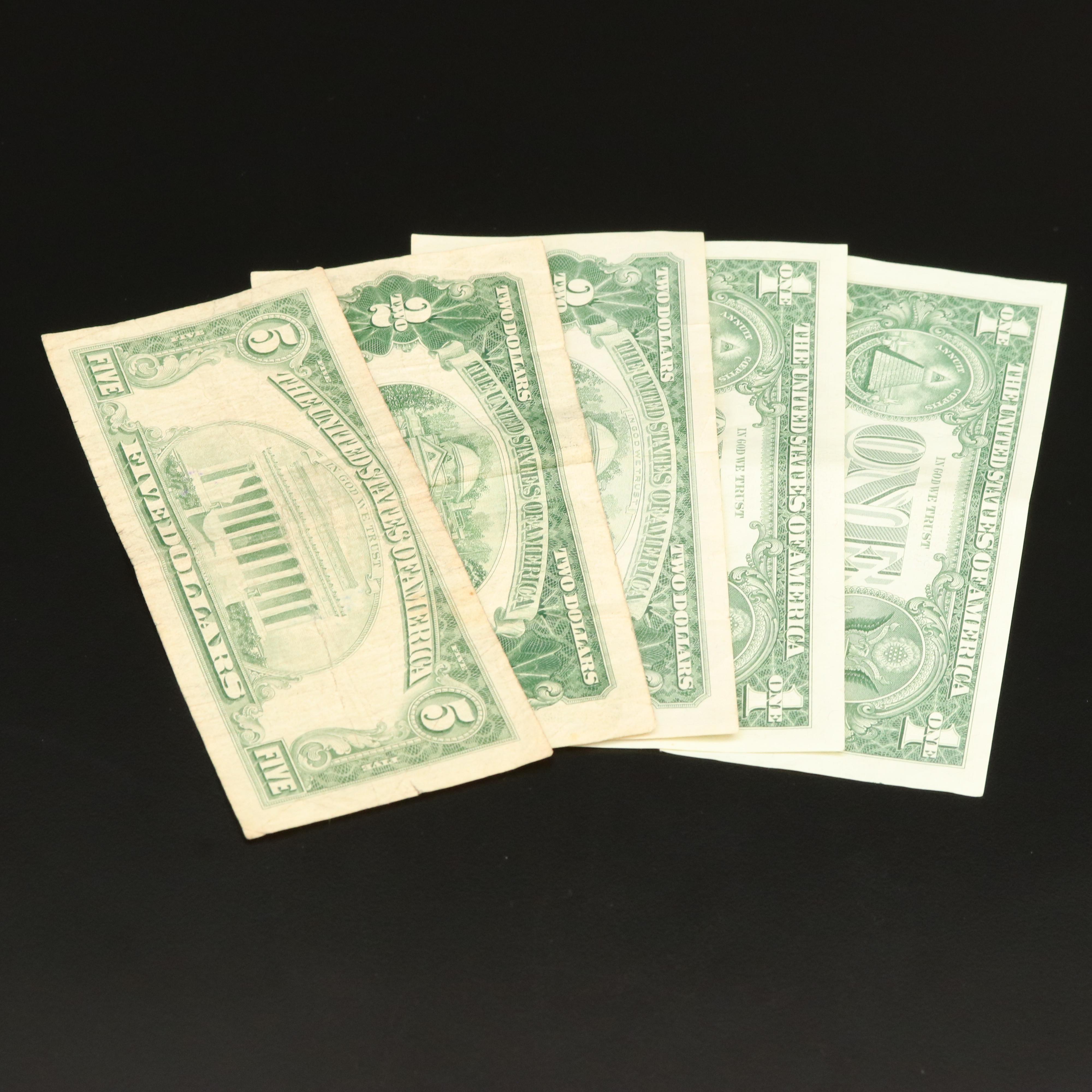 Group of United States Copper and Silver Coins and Paper Money