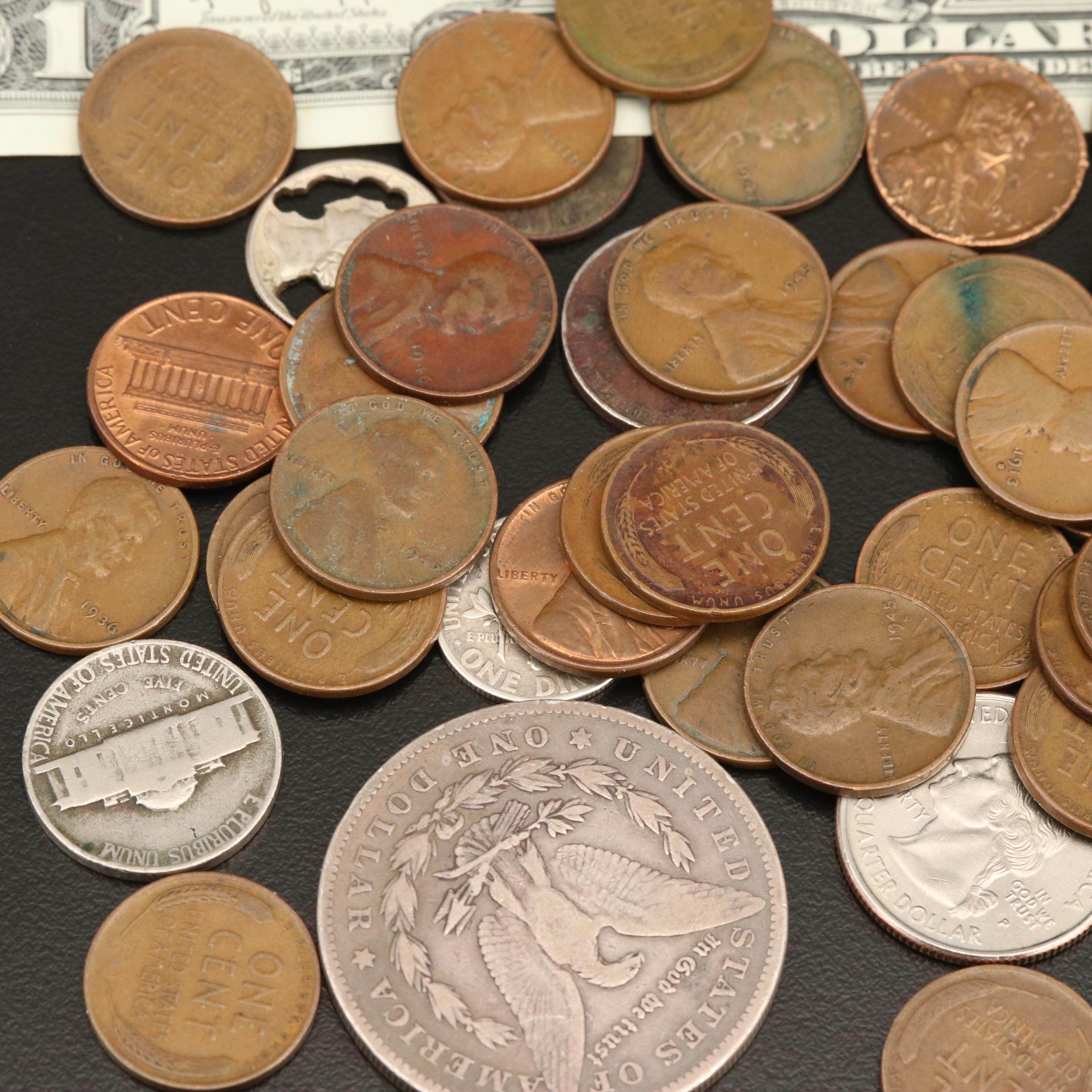 Group of United States Copper and Silver Coins and Paper Money