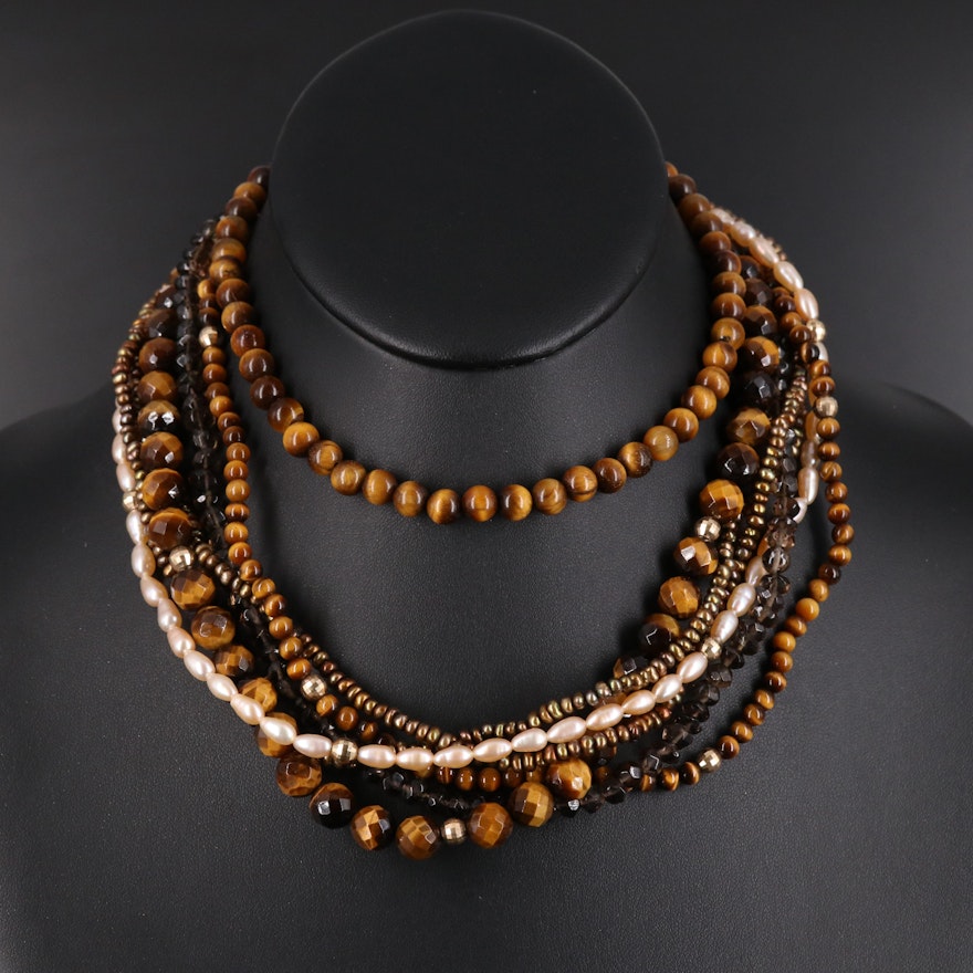 Sterling Tiger's Eye and 14K Tiger's Eye, Smoky Quartz and Pearl Necklaces