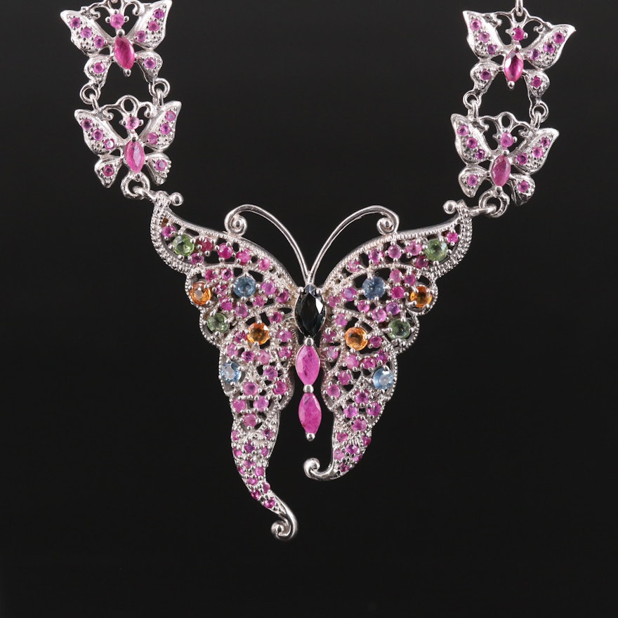 Sterling Ruby and Sapphire Butterfly Necklace
