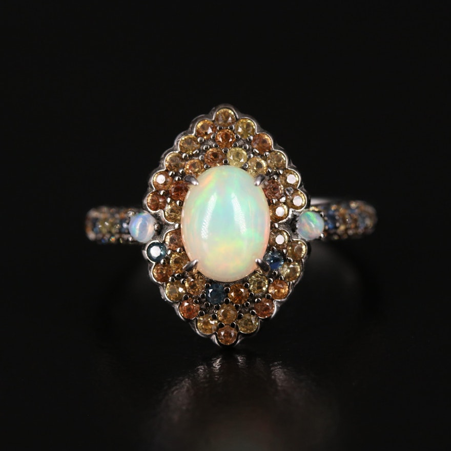 Sterling Opal and Sapphire Navette Ring