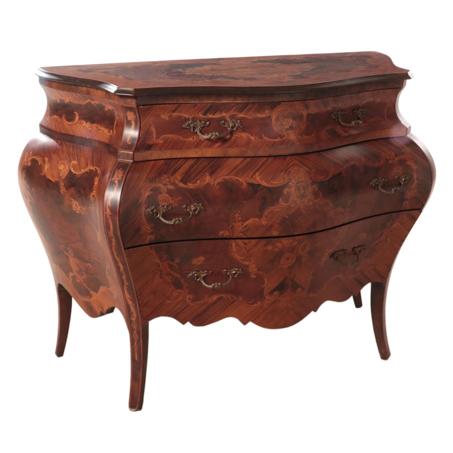 Louis XV Style Kingwood and Marquetry Three-Drawer Bombé Commode