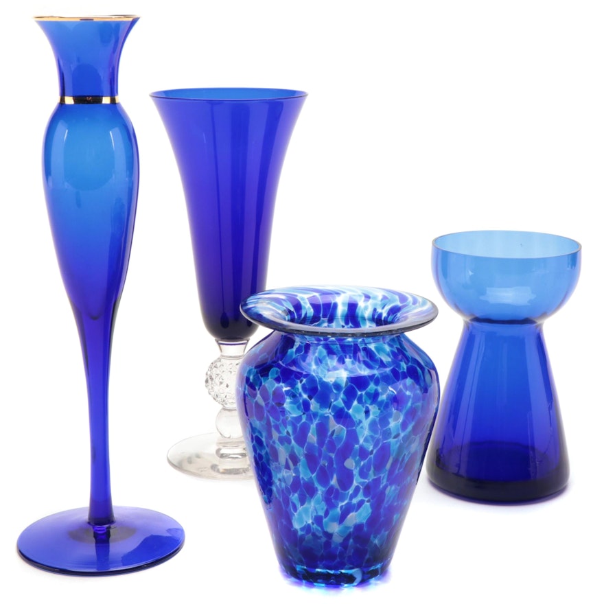 Morgantown "Golf Ball" with Blown Frit and Other Cobalt Glass Vases