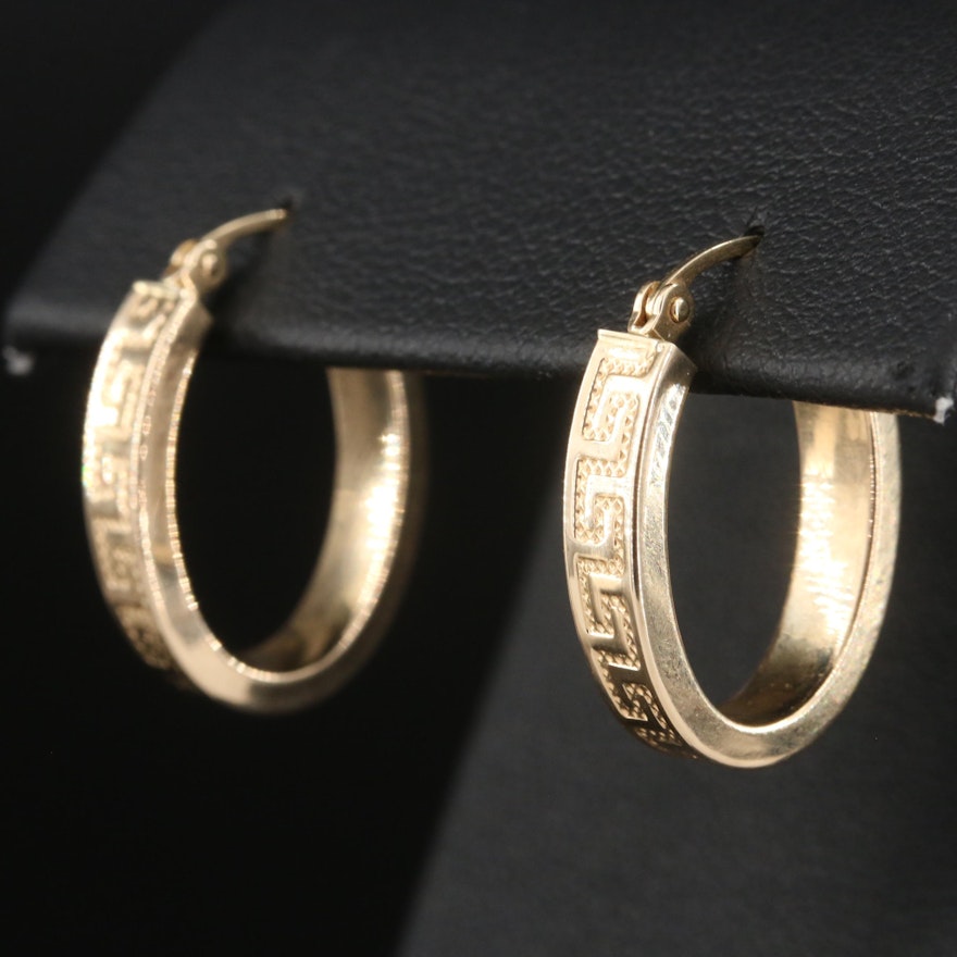 14K Greek Key Oval Hoop Earrings