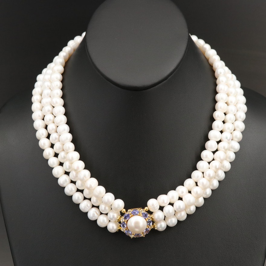 Sterling Pearl, Tanzanite and Sapphire Necklace