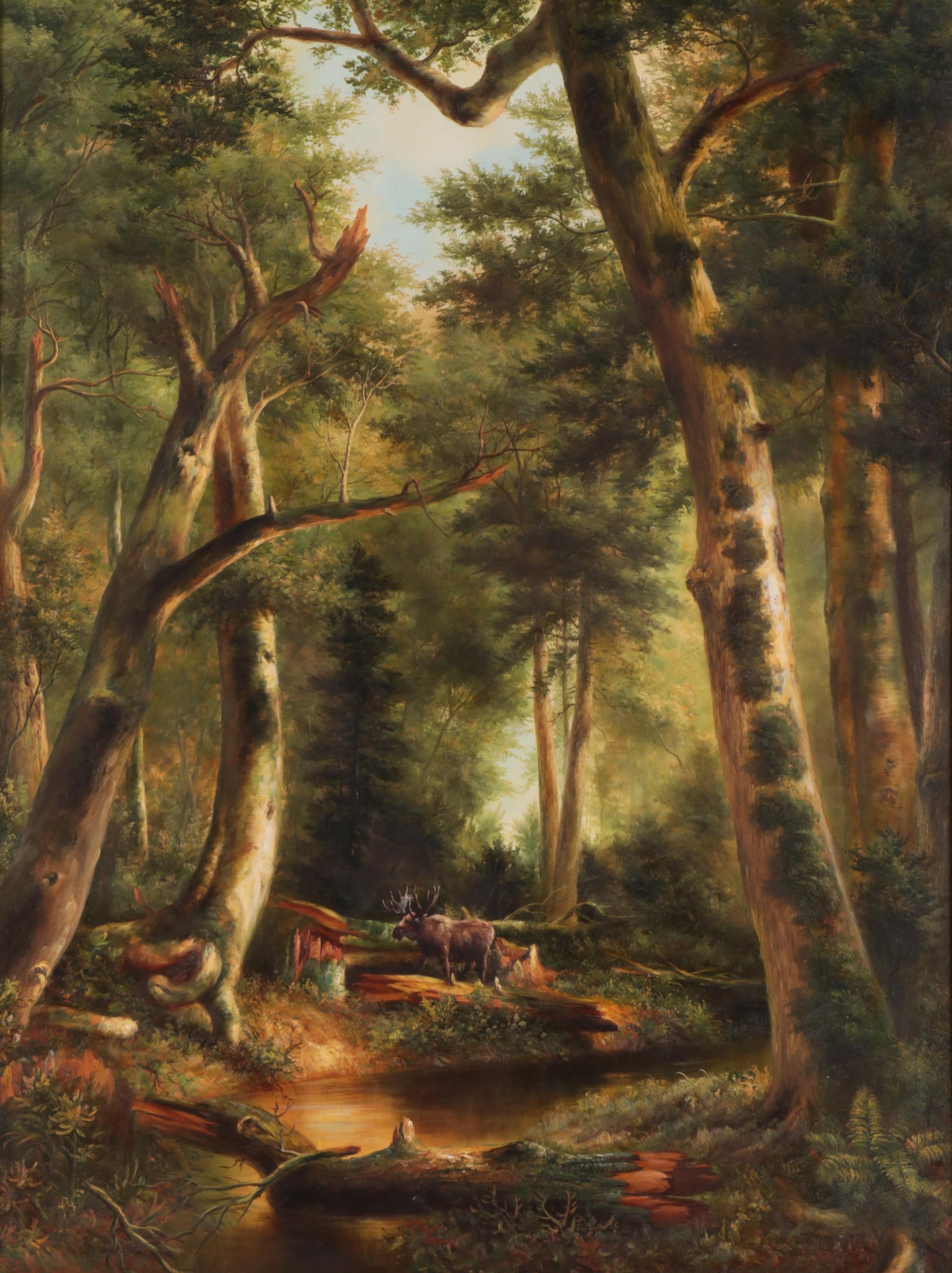 Forest Landscape Oil Painting With Moose