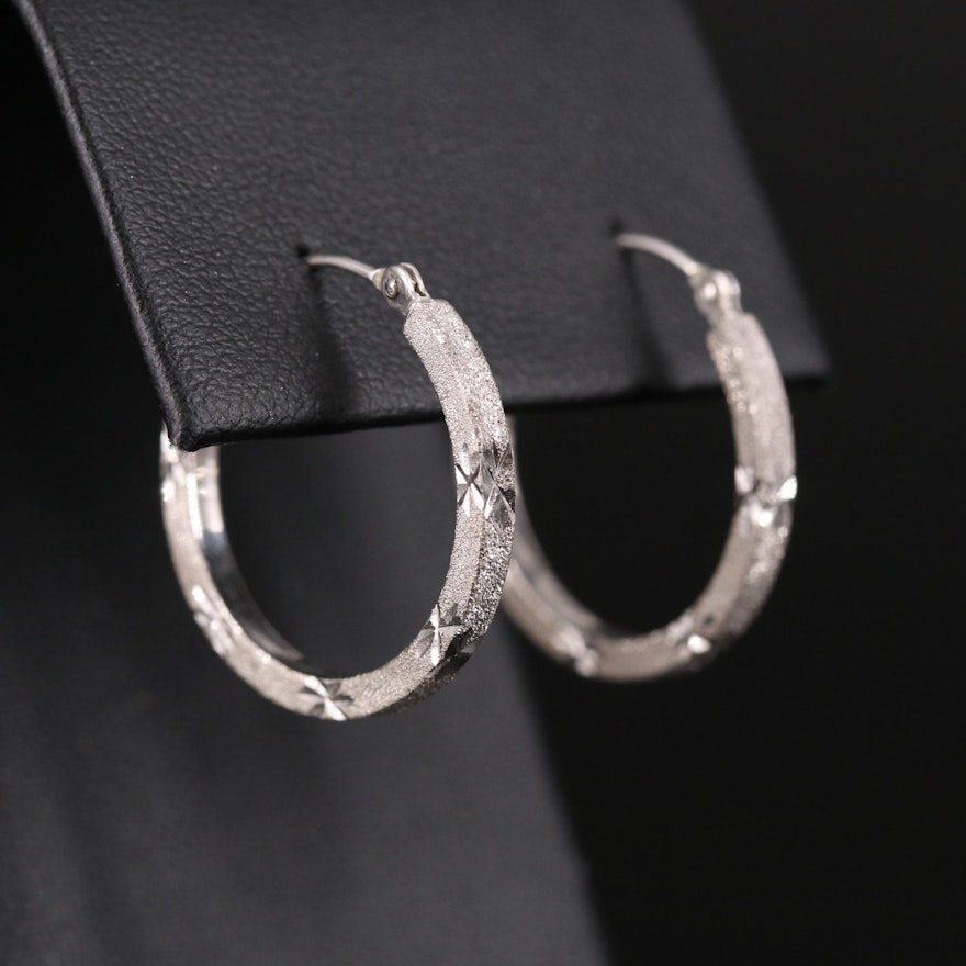 Brushed 14K Hoop Earrings with Diamond Cut Accents